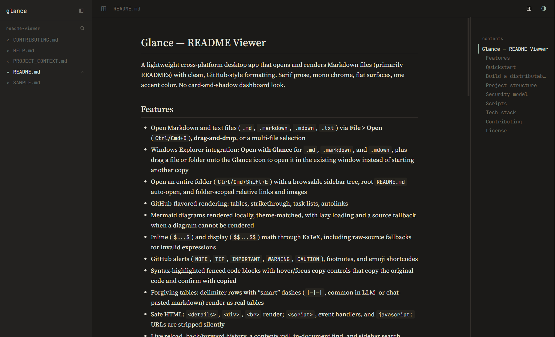 Glance in dark theme, showing README.md with a folder tree on the left and a contents rail on the right.