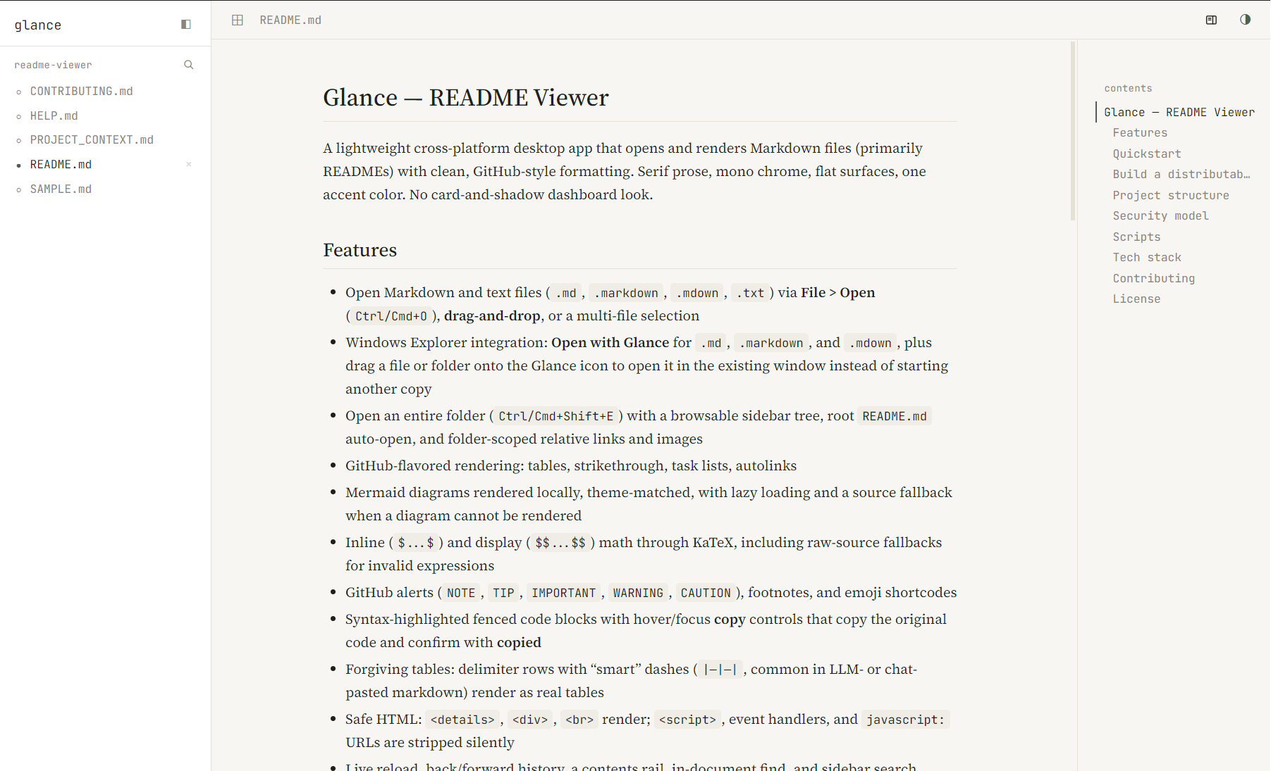 Glance in light theme, showing README.md with a folder tree on the left and a contents rail on the right.